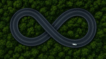 A car driving on a highway in the shape of an infinity loop, with a forest seen from above in the background. A car driving on a highway in the shape of an infinity loop, with a forest seen from above in the background.