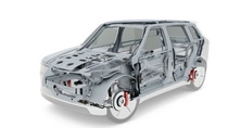 A vehicle with its structural frame and key mechanical components visible. A vehicle with its structural frame and key mechanical components visible.