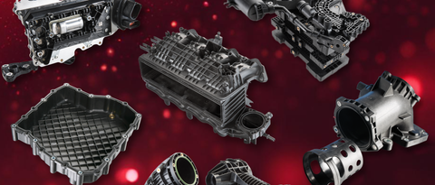 various automotive parts made with Ultramid, in front of a red backdrop various automotive parts made with Ultramid, in front of a red backdrop